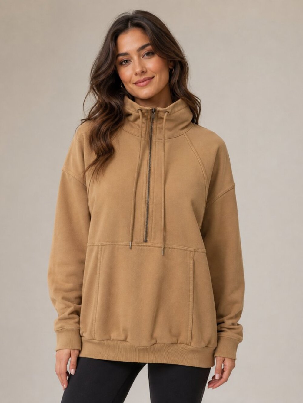 PRETTYGARDEN Women’s Tan Half-Zip Funnel Neck Sweatshirt Small
